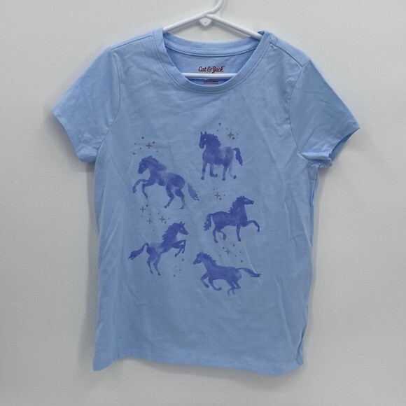 Cat & Jack M 7/8 Blue Purple Unicorn Short Sleeve Shirt Sparkle Star Print New - Picture 1 of 6